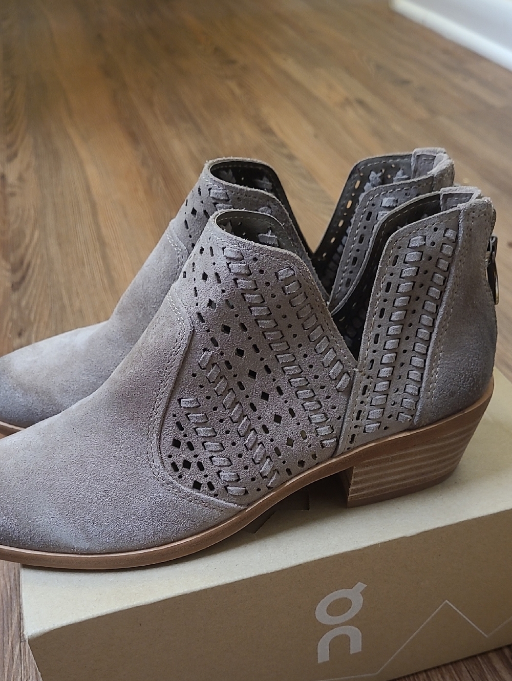 Vince Camuto Taupe Laser-Cut Suede Ankle Booties